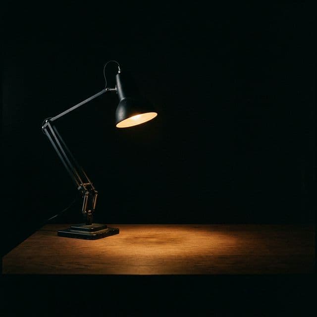 A single desk lamp illuminating an empty workspace in the dark — the quiet that comes after the system runs itself.