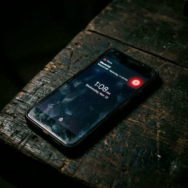 A smartphone on a dark wooden surface showing a missed call notification at 1:08 AM — the silent rejection in the dead of night.