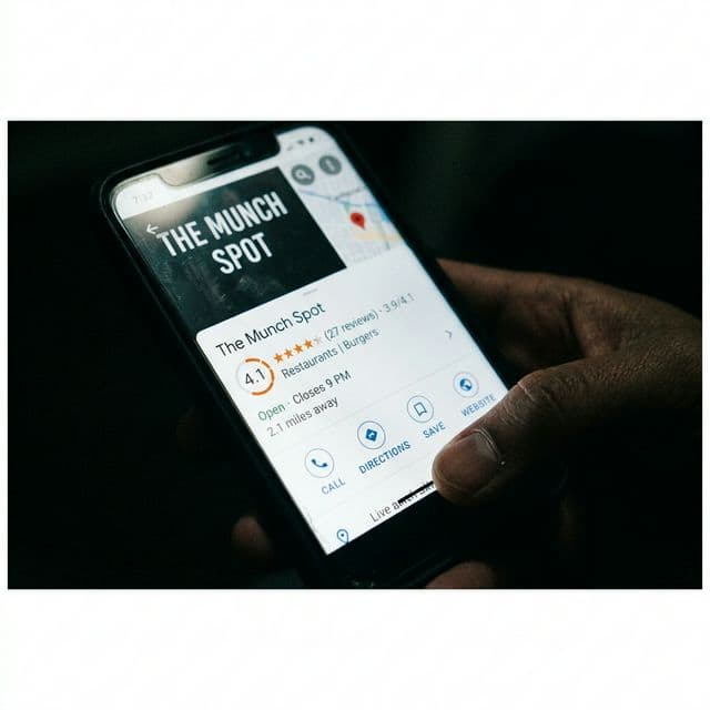 A hand holding a smartphone showing a Google Maps business listing with 4.1 stars — the silent judgment prospects make before they call.