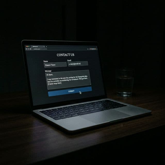 A laptop in a dark room showing a half-filled contact form, cursor hovering near the submit button — the prospect who almost converted.