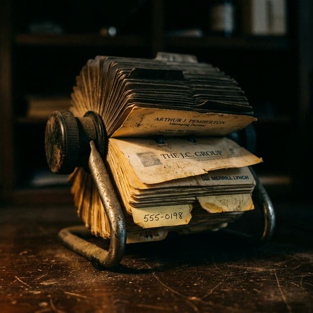 A vintage Rolodex filled with yellowed business cards, dusty and untouched — hundreds of warm relationships that nobody has contacted in years.