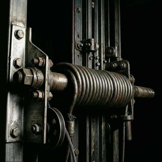 Heavy-duty garage door spring mechanism and tracks in dramatic side-lighting against a black background — the context of a garage door repair company installation.