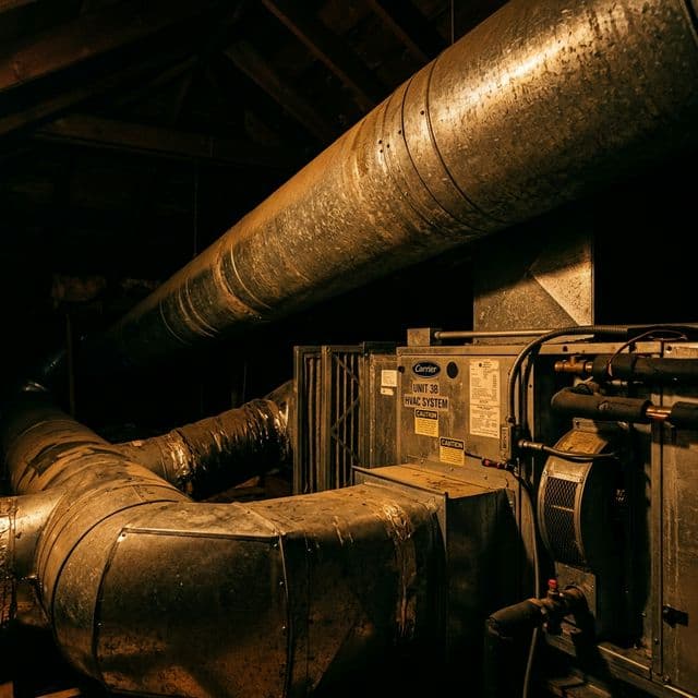HVAC ductwork and mechanical equipment in dramatic amber light — the context of an HVAC emergency service installation.