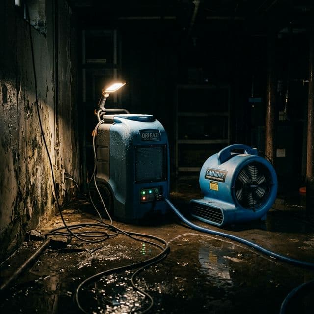 Professional water damage restoration equipment in a dark flooded basement — the context of a restoration contractor installation.