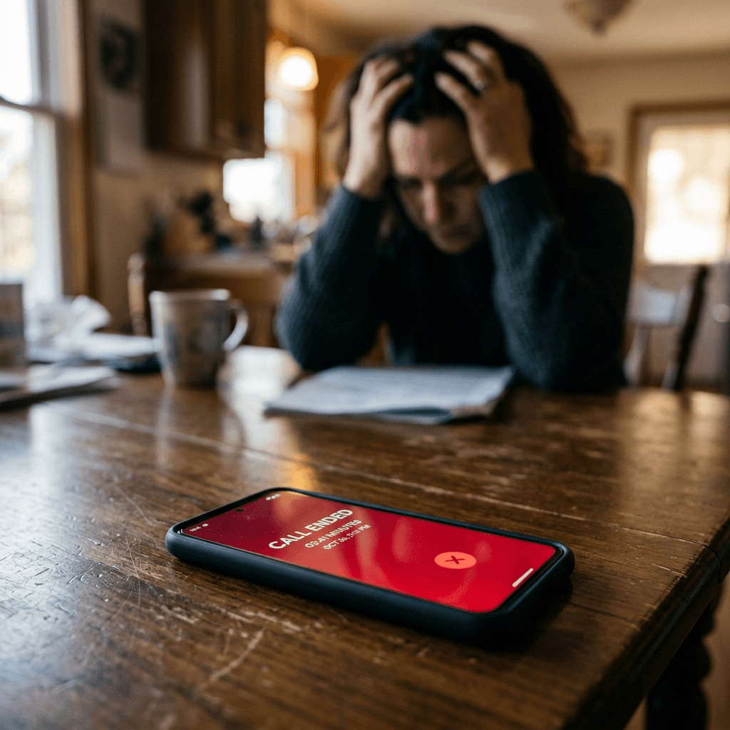 Cinematic visual of a red Call Ended screen and a frustrated individual in the background, representing the cost of cold AI.