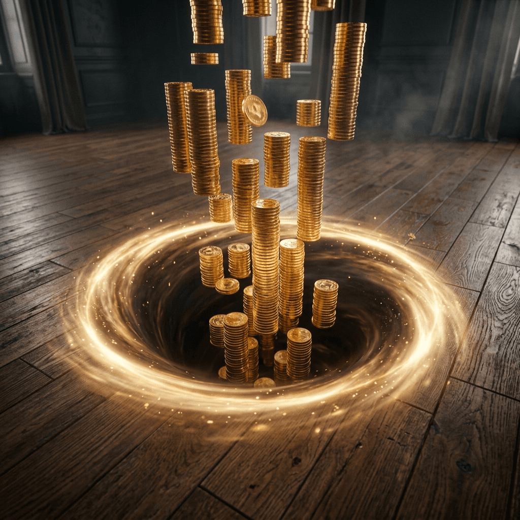 Abstract 3D render of perfectly stacked golden coins falling softly through a massive invisible black hole representing silent revenue loss.