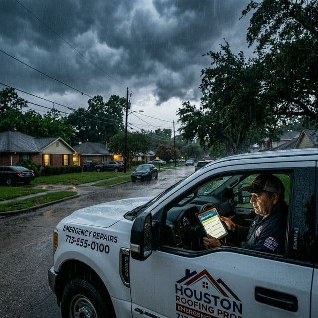 Roofing Urgency: A professional truck in a Houston storm, dispatching leads in real-time.