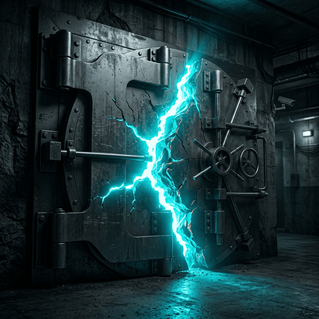 Cinematic abstract photograph of a solid reinforced steel vault door with a single massive glowing crack leaking bright light.