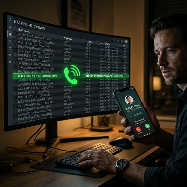 Man at a desk reviewing a CRM on a large monitor full of cold leads, one highlighted in green as re-engaged, while his phone shows an incoming call from that contact.