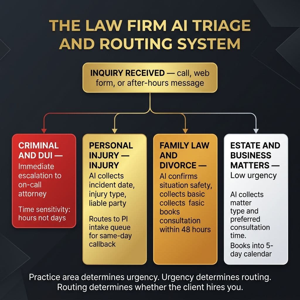The 24/7 Legal Intake and Triage Routing flow diagram