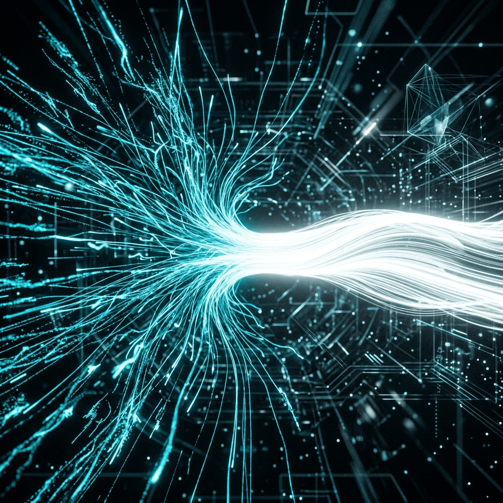 Cinematic abstract photograph of perfectly organized cyan data injections merging seamlessly into a single massive liquid light stream.