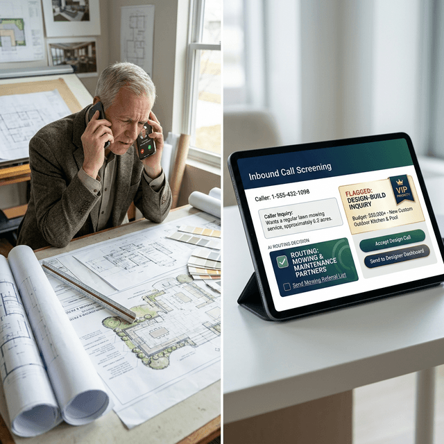 Split scene: A frustrated premium hardscape designer on the phone with a client who just wants lawn mowing, surrounded by blueprints for a $75K outdoor kitchen. Next to it, a clean AI screening tablet flagging a high-budget design-build inquiry as VIP priority while routing mowing requests to a referral list.
