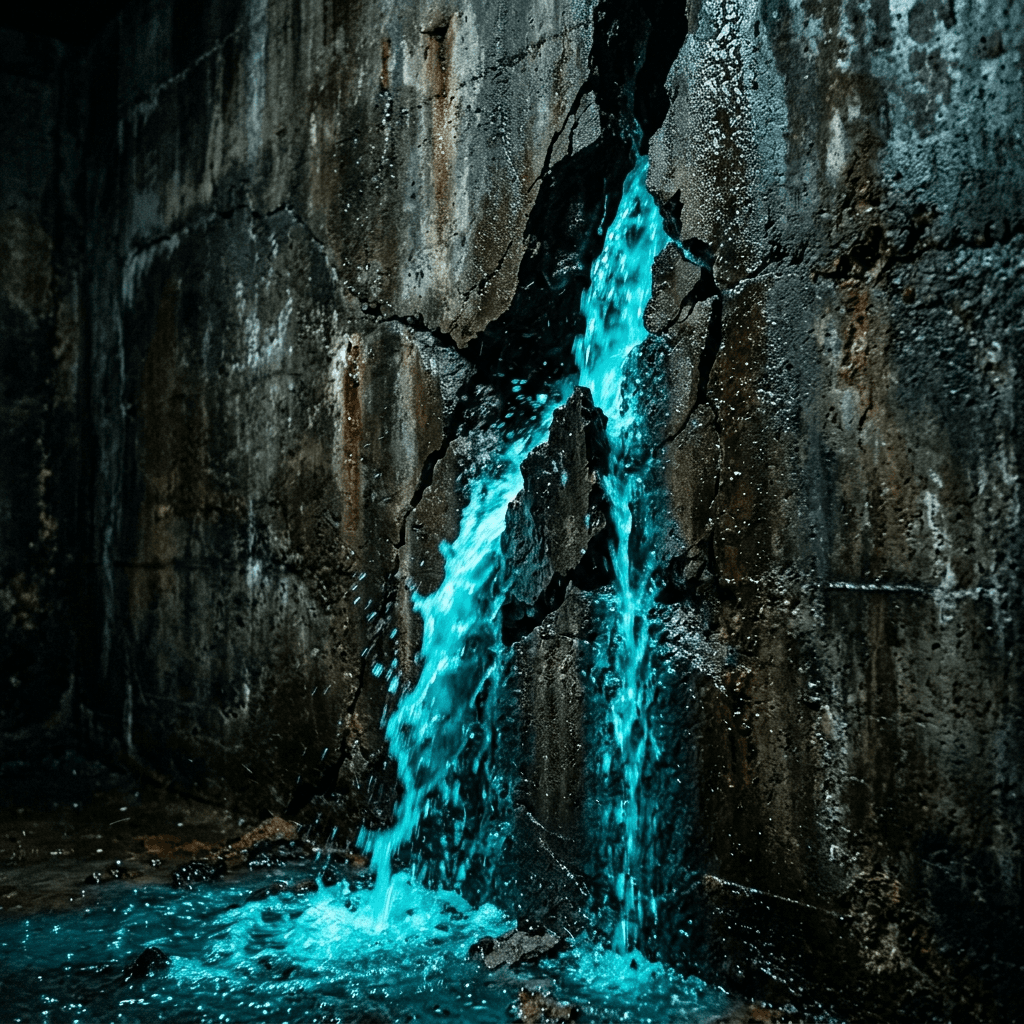 Cinematic macro photograph of a massive jagged crack in a concrete foundation intensely leaking glowing cyan water.