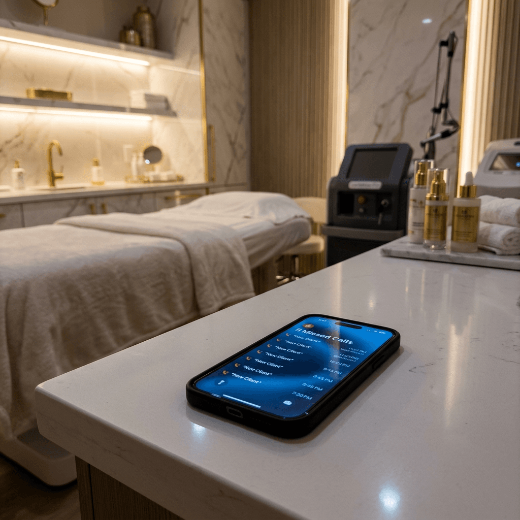 Smartphone showing five missed calls from New Client lying on a luxury med spa treatment room counter beside laser equipment — silent revenue loss visualized