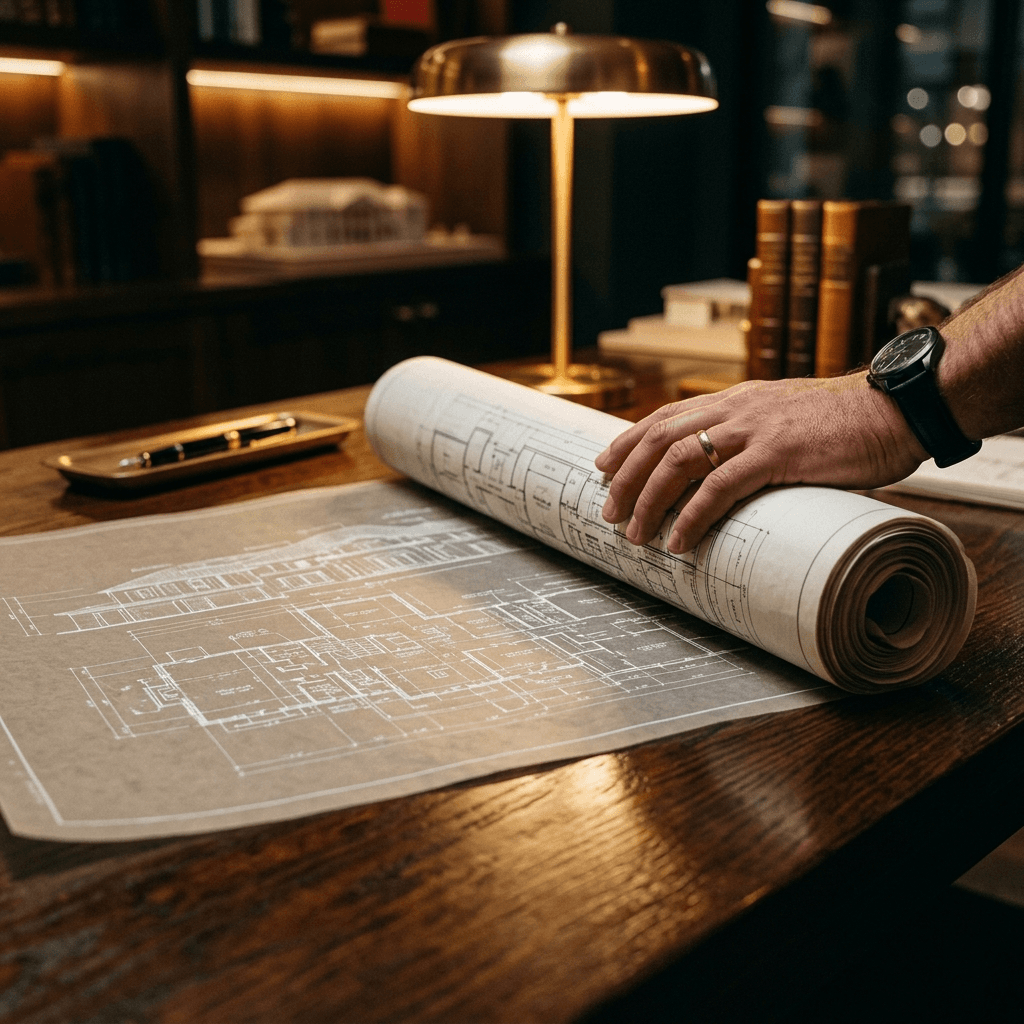 Cinematic close-up of thick, premium architectural blueprints being unrolled onto a polished dark oak table, glowing with warm, expensive ambient lighting.
