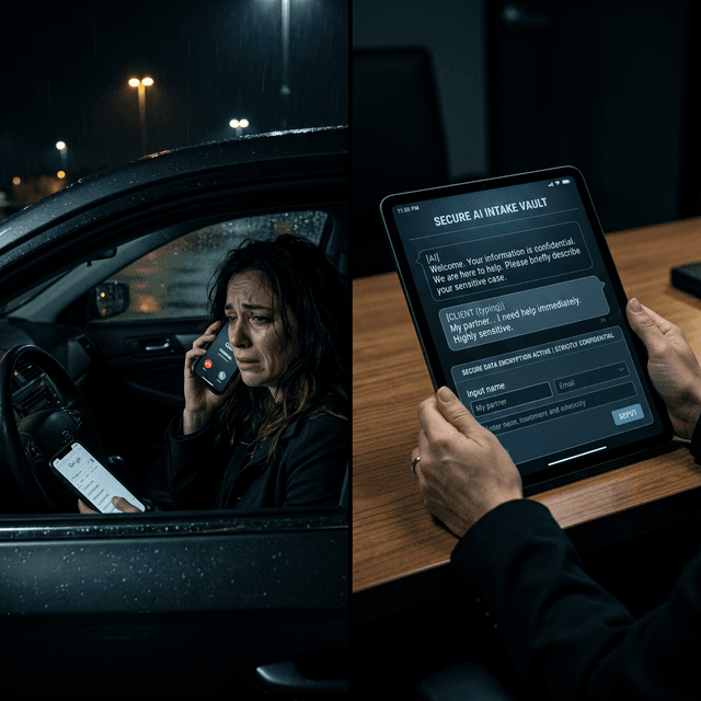 Split scene: A distressed person in a dark car dialing a private investigator getting voicemail, next to a secure AI intake vault interface systematically and empathetically capturing case details.