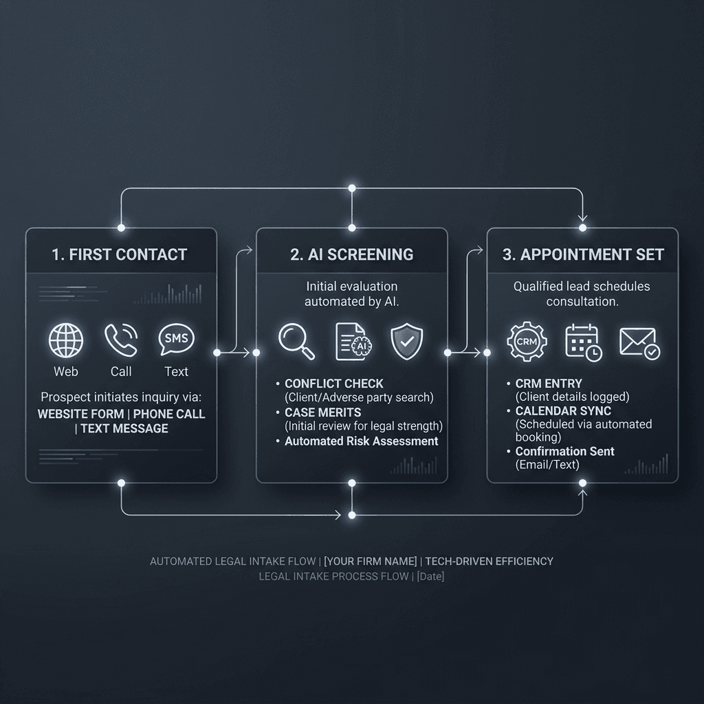 Legal AI intake flowchart — showing qualification, escalation, and booking logic for law firms