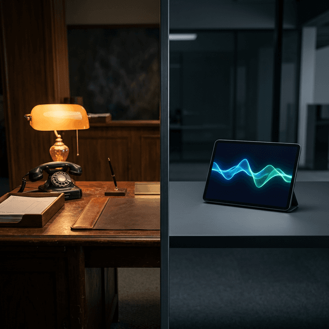 Split view of a traditional reception desk with vintage phone on the left and a modern minimal AI-powered desk with a glowing tablet on the right showing the shift from human to AI reception
