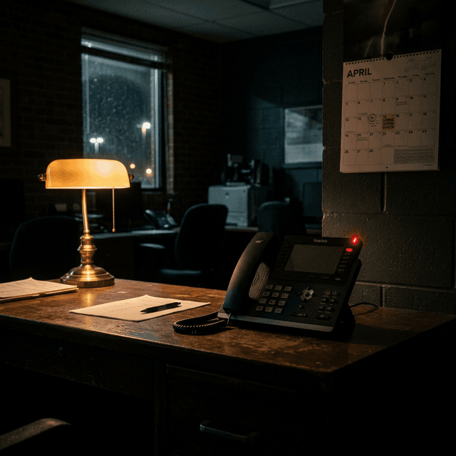 Darkened restoration dispatch office at 2 AM with phone showing blinking red voicemail light representing overnight revenue loss from missed emergency calls