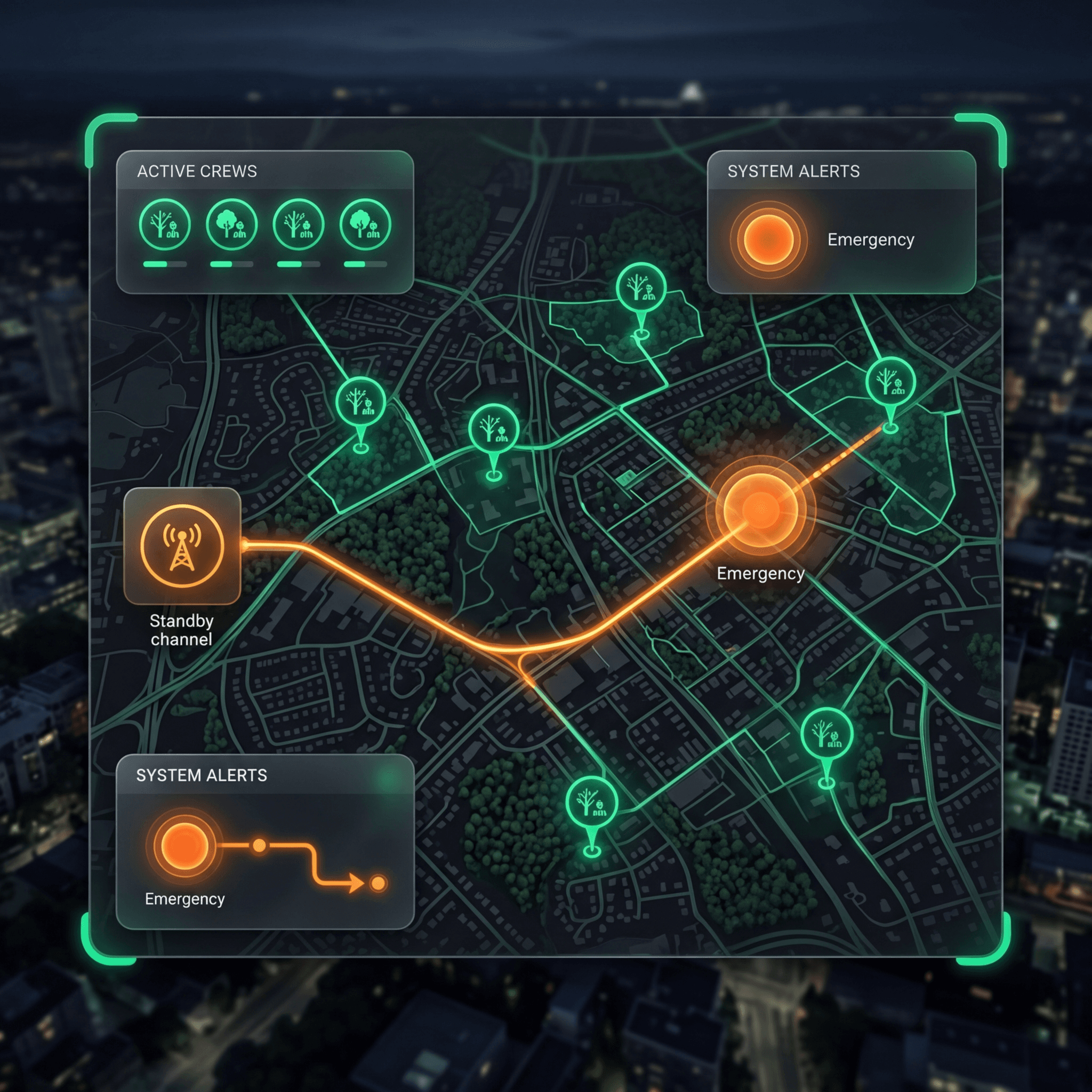 Technical glassmorphism interface for tree service emergency dispatching