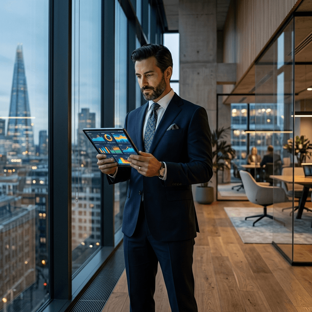 Cinematic portrait of a confident sharply dressed premium consultant standing in a modern office reviewing AI data on a tablet.