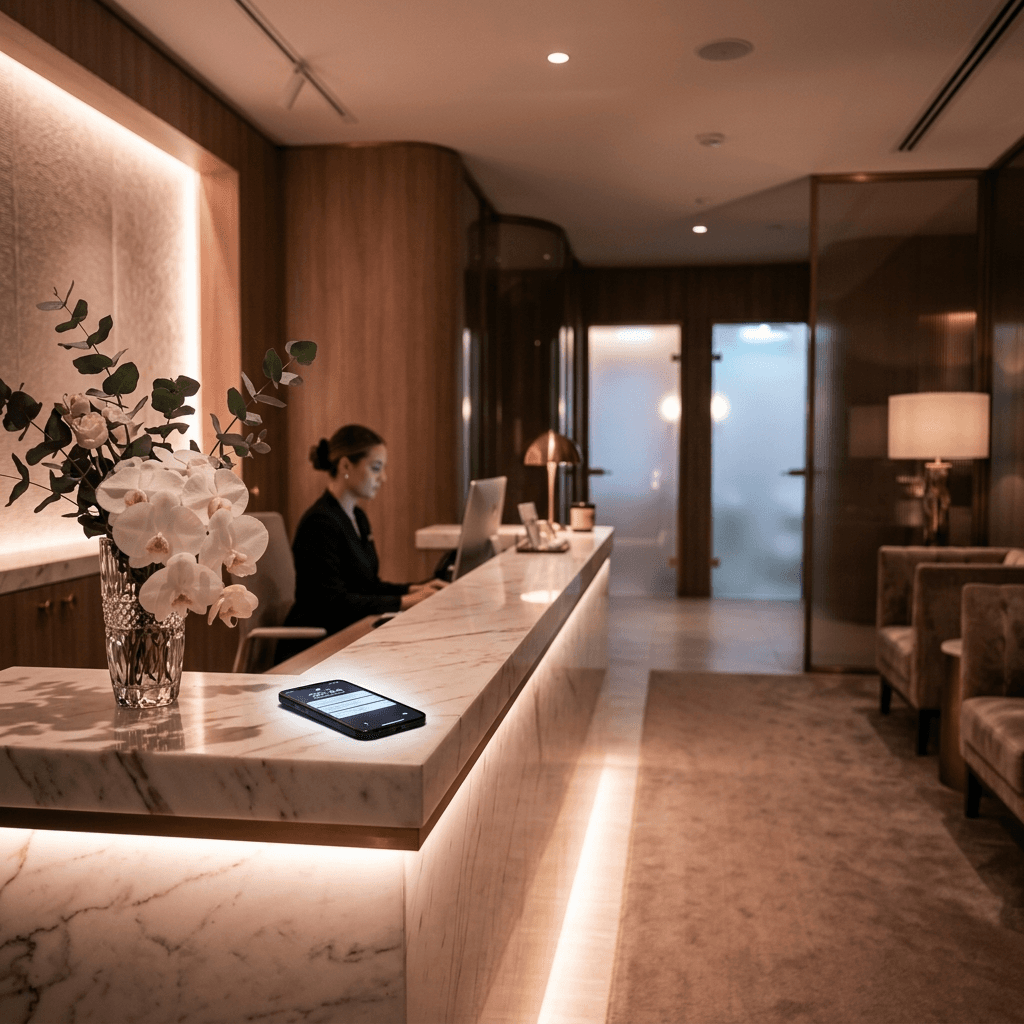 Luxury med spa marble reception desk with phone resting beside white orchids — the quiet moment where thousands in booking revenue disappears every evening