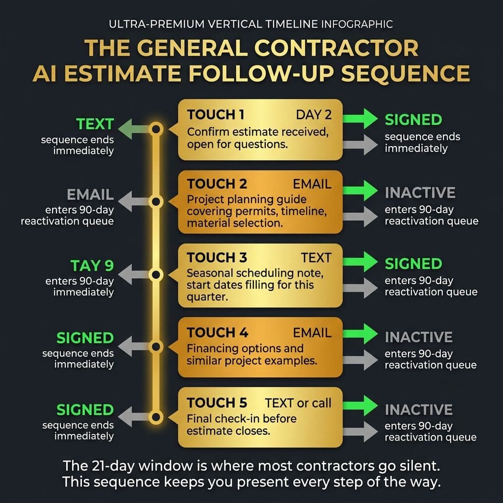 The General Contractor AI Estimate Follow-Up Sequence - 5-touch vertical timeline with SIGNED and INACTIVE exit paths