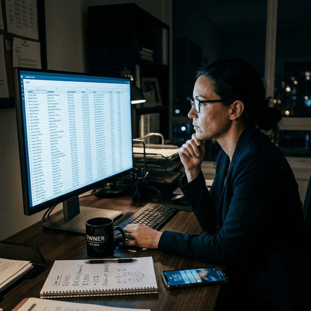 A business owner reviews a large CRM database on her monitor late at night, realizing the revenue potential sitting in her existing customer records