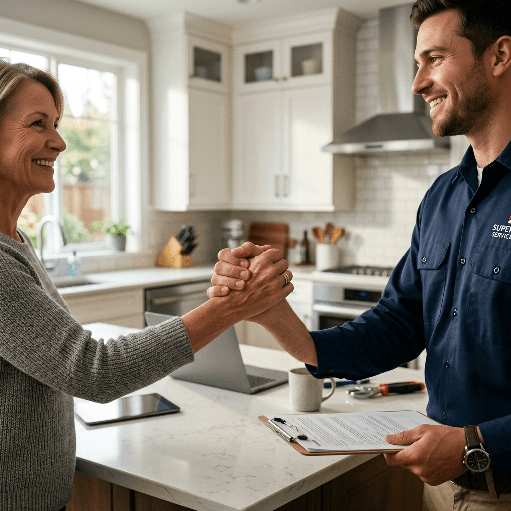 Cinematic close-up of a warm, confident handshake between a homeowner and a professional service expert.