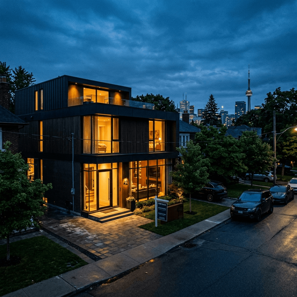 Premium Toronto property at blue hour dusk with warm interior lighting and For Sale sign, representing AI lead capture for GTA real estate agents