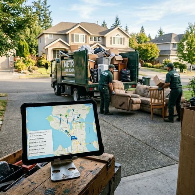 Junk removal crew loading a truck from a driveway while an iPad in the foreground shows a fully routed map of six booked cleanout jobs for the day, filled automatically by an AI booking system.