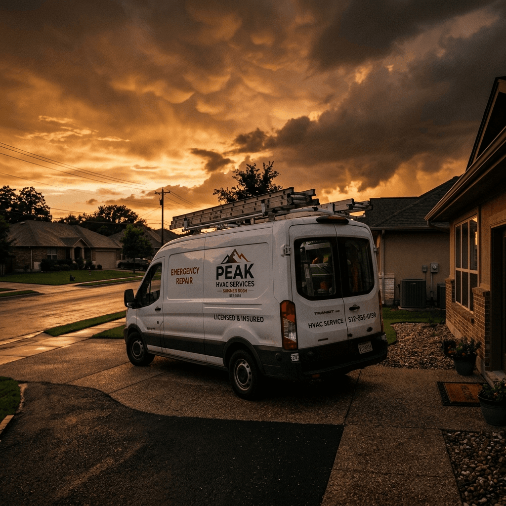 Cinematic dark editorial photograph. A premium white residential HVAC service van parked on a suburban street at dusk.