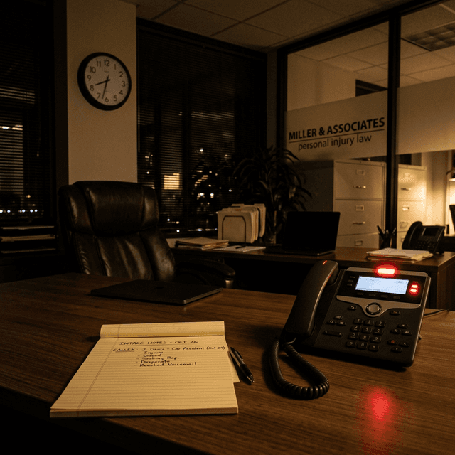 A dimly lit personal injury law office at night showing a legal notepad and a blinking hold-light phone on a desk at 8:47 PM