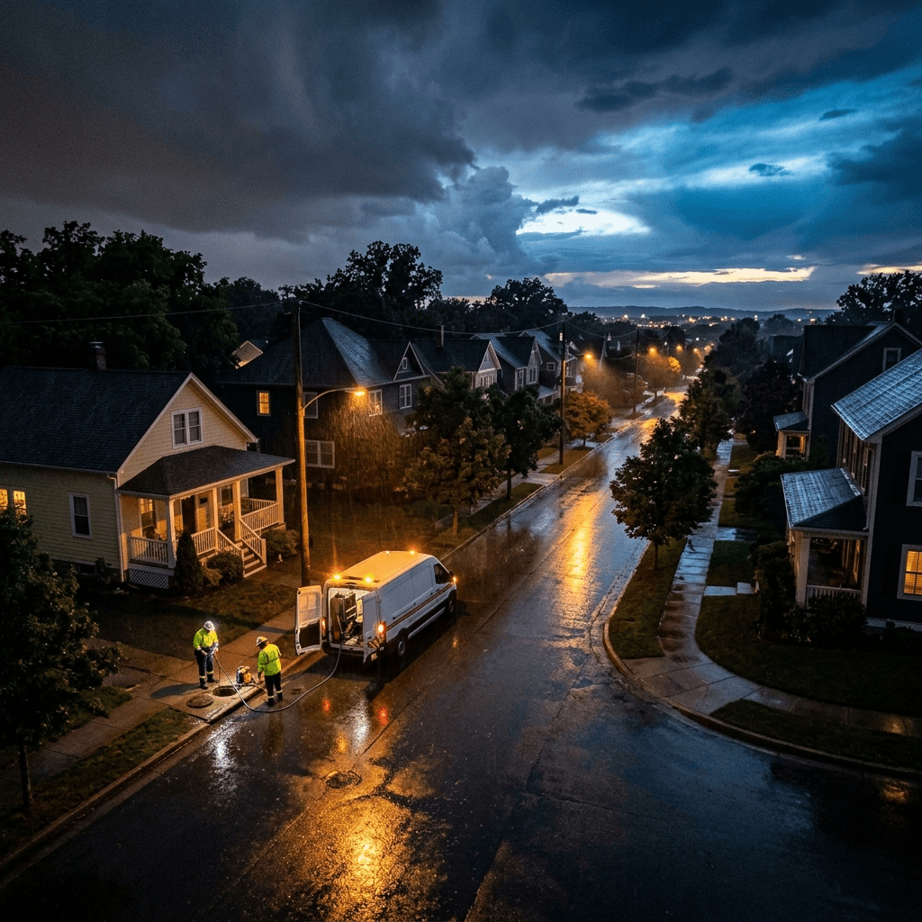 Aerial view of residential neighborhood street at night after a major rainstorm, wet streets reflecting amber streetlights, single white service van with orange emergency lights parked in front of a house with crew working, sky clearing to deep blue