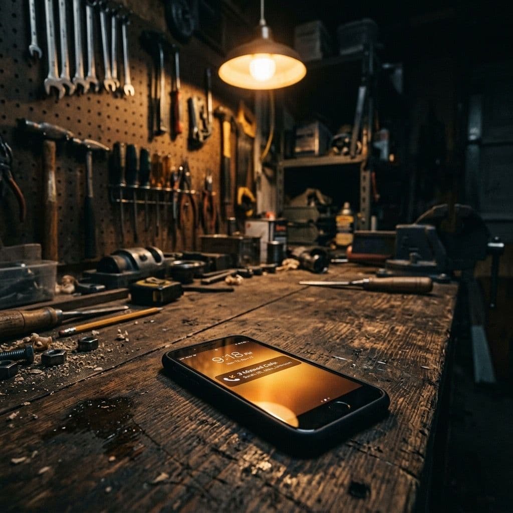 Phone on a tradesperson workshop bench showing missed call notification — the moment service business revenue leaks happen