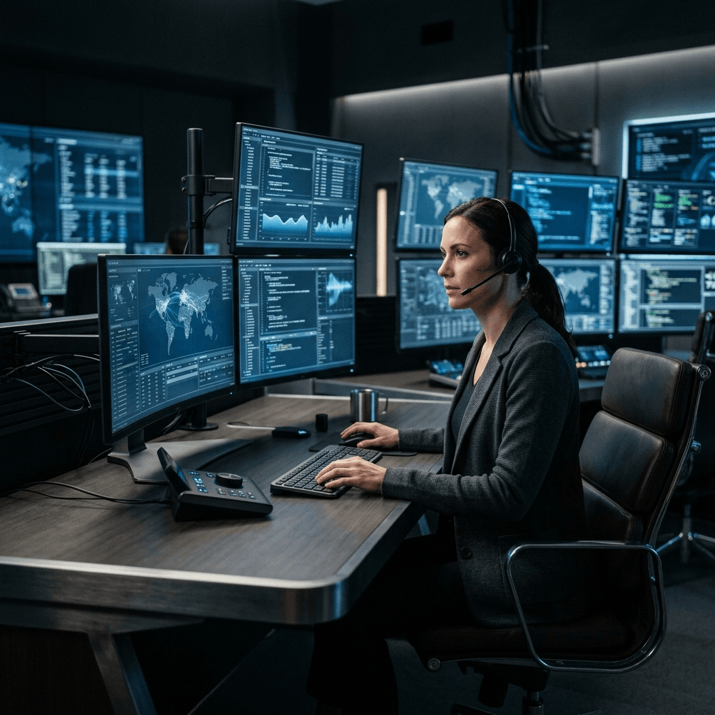 Cinematic photograph of a highly focused professional human operator sitting at a premium high-end command center desk.