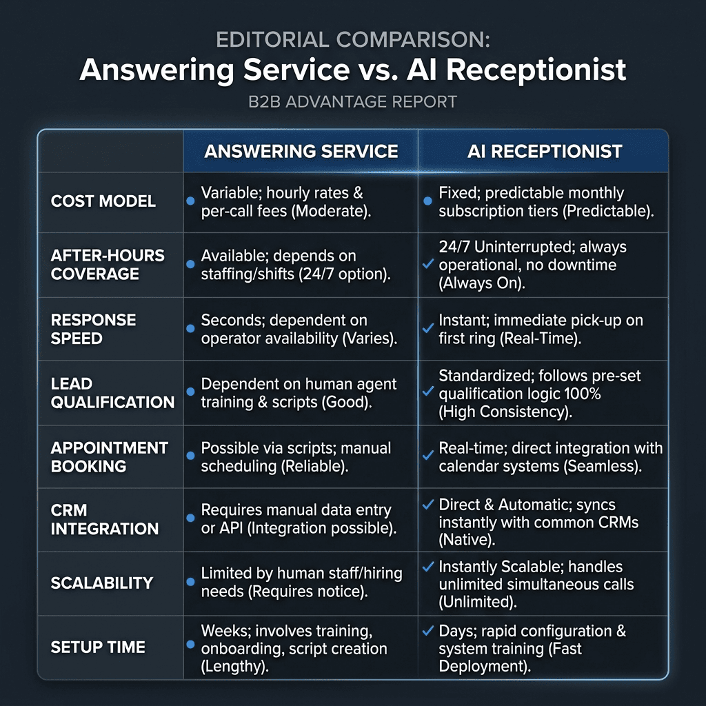 AI receptionist vs answering service comparison table: cost model, coverage, speed, booking, CRM integration, and setup time