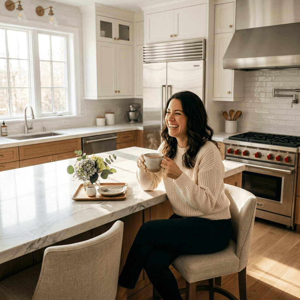 Cinematic visual of a happy homeowner relaxing in a pristine luxury kitchen with gleaming, fully functional appliances.