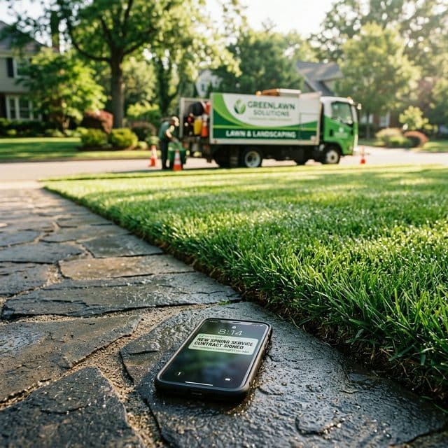 The Manicured Result: Cinematic lawn edge with a new service contract notification.