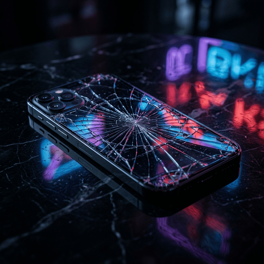 Cinematic close-up of a shattered, high-end smartphone screen resting on a perfectly polished black marble table.