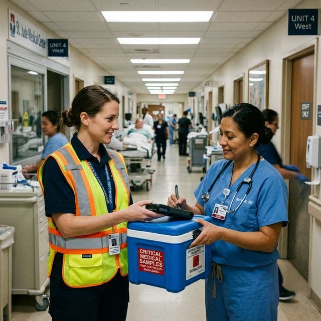 Natural photo of a courier making a critical medical delivery in a busy hospital