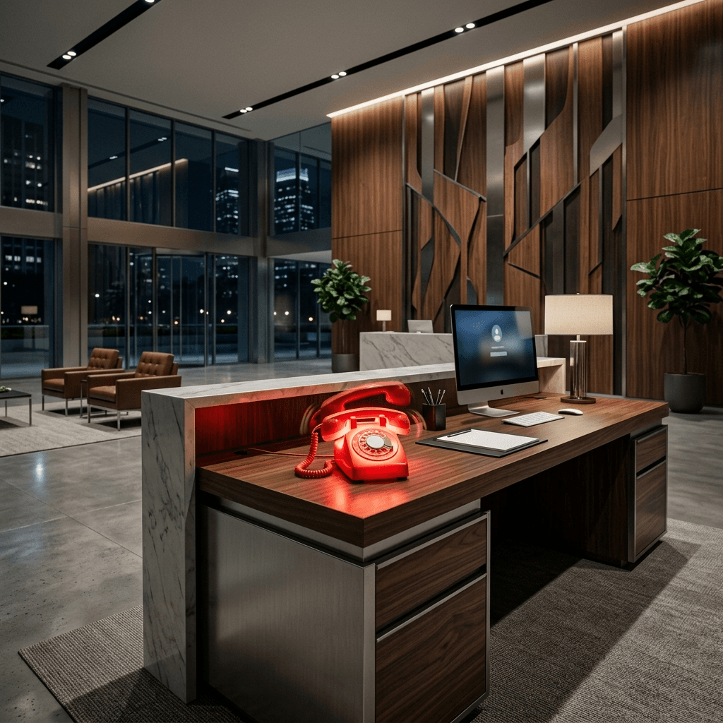 Cinematic photograph of a pristine high-end corporate office reception desk completely empty with a glowing red phone ringing unanswered.