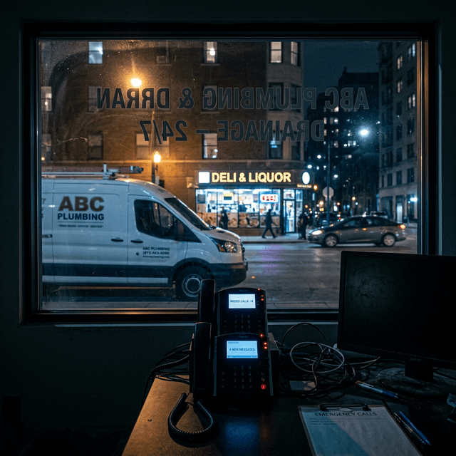 Dark interior of a plumbing service business at night — desk phone showing missed call notifications, city street active outside the window with ABC Plumbing van parked outside, the world still moving while the business is closed