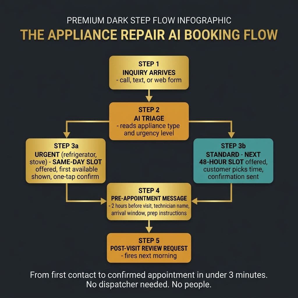 The Appliance Repair AI Booking Flow - step diagram showing triage, same-day vs standard slot routing, and review request