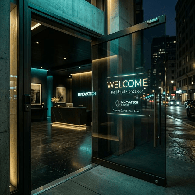 Cinematic: The digital front door of a business — a premium glass entrance with an AI-powered welcome interface