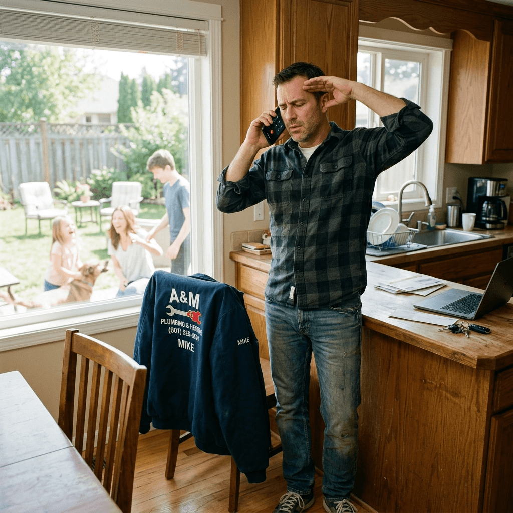 Plumbing company owner standing in his kitchen on a Saturday taking a work call while his family plays in the backyard through the window behind him