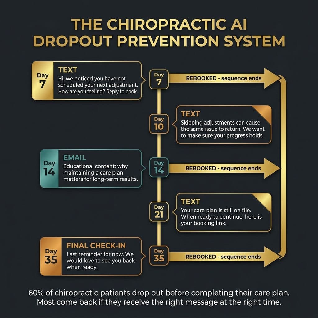 The Chiropractic AI Dropout Prevention System - 5-touch vertical timeline from Day 7 to Day 35 with REBOOKED exit