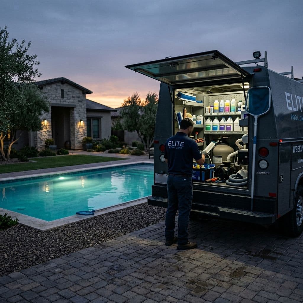 Cinematic dark editorial photograph of a pool service truck parked beside a residential pool at dawn.