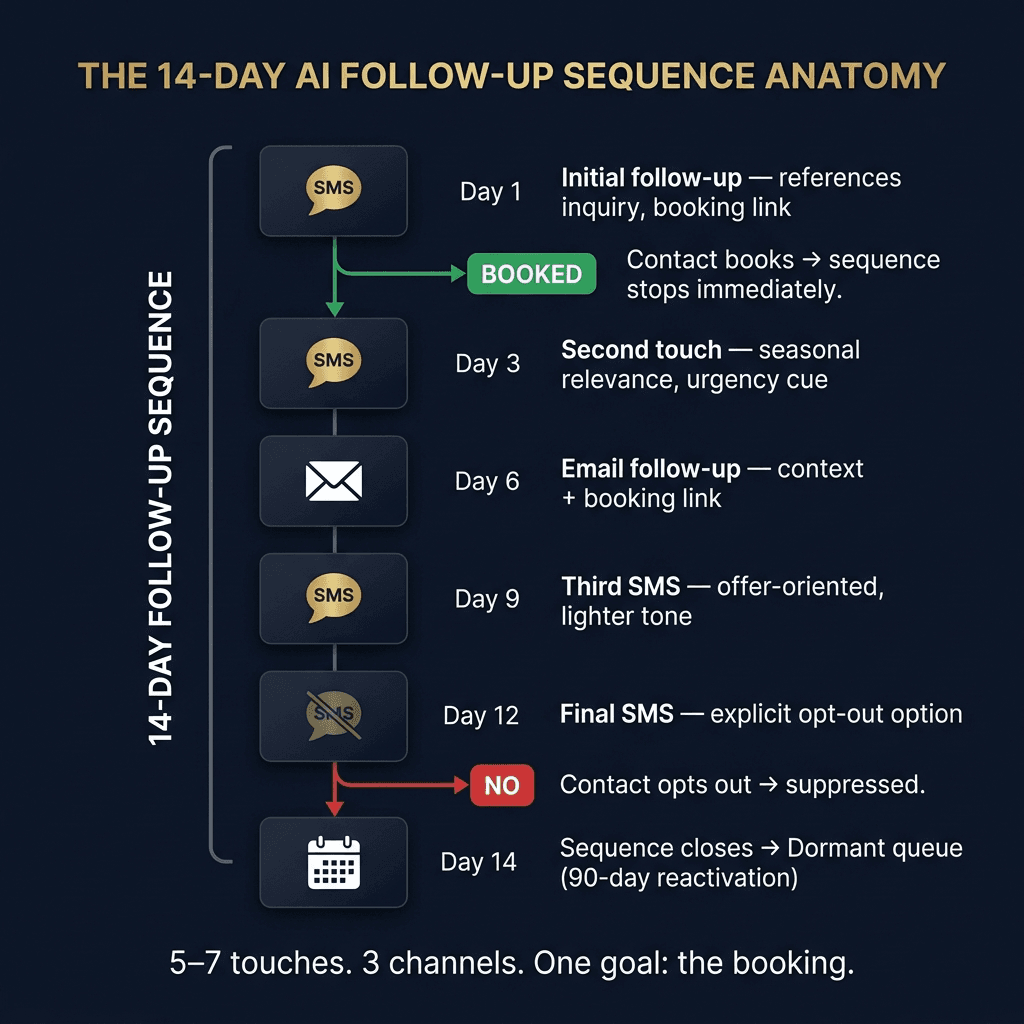 The 14-Day AI Follow-Up Sequence Anatomy — a vertical timeline showing: Day 1 SMS (Initial follow-up references inquiry booking link) with green BOOKED exit branch (Contact books sequence stops immediately), Day 3 SMS (Second touch seasonal relevance urgency cue), Day 6 Email (context plus booking link), Day 9 SMS (offer-oriented lighter tone), Day 12 SMS with red NO exit branch (Contact opts out suppressed), Day 14 Calendar (Sequence closes dormant queue 90-day reactivation). Caption: 5-7 touches. 3 channels. One goal: the booking.