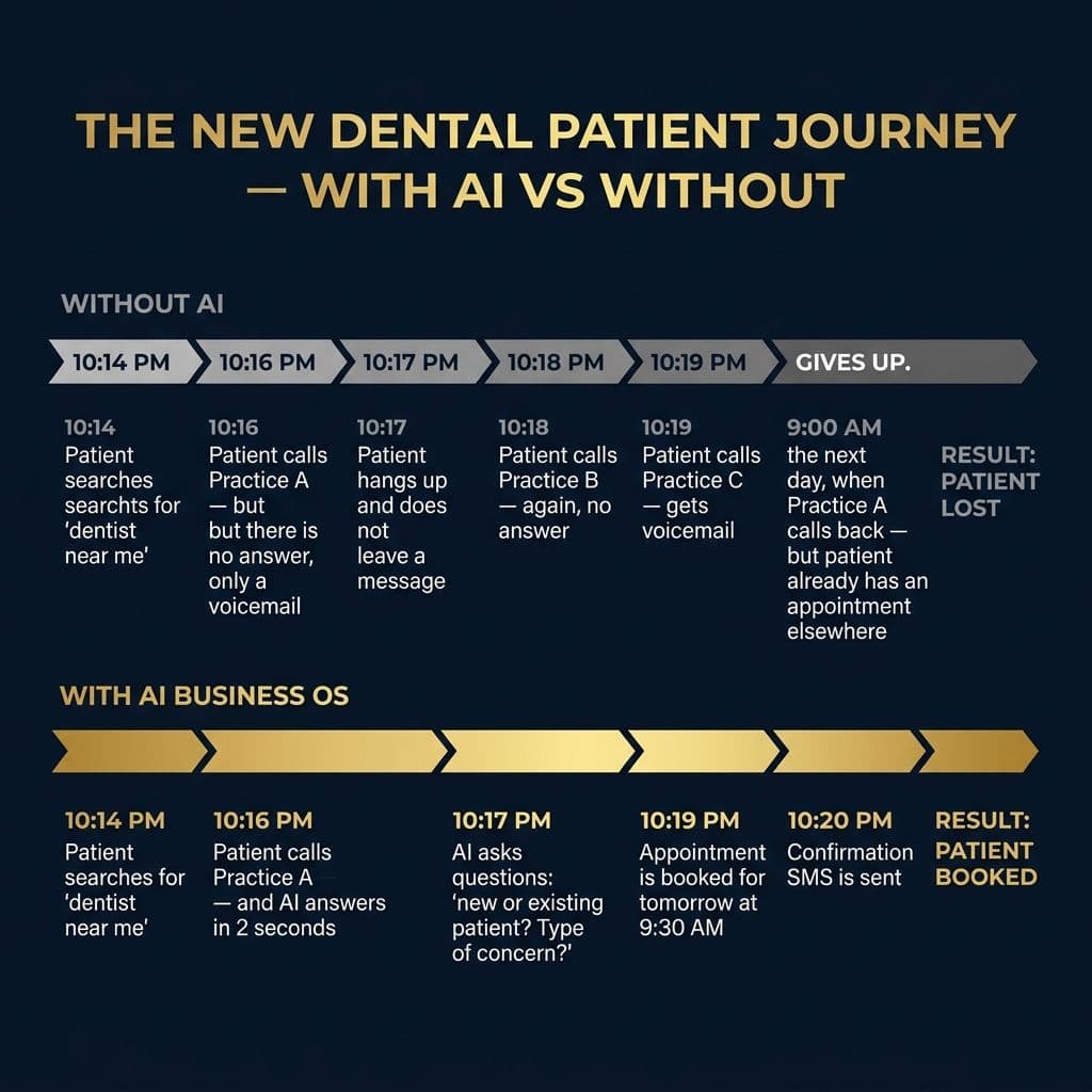 New dental patient journey comparison — without AI the patient is lost by morning, with AI Business OS the patient is booked at 10:19 PM